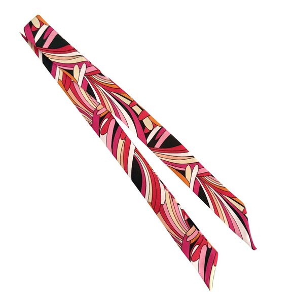 Pink Black Slim Scarf Size 34in Silk Abstract Neck Tie Bag Headband Hat Hair Bow - Picture 3 of 14